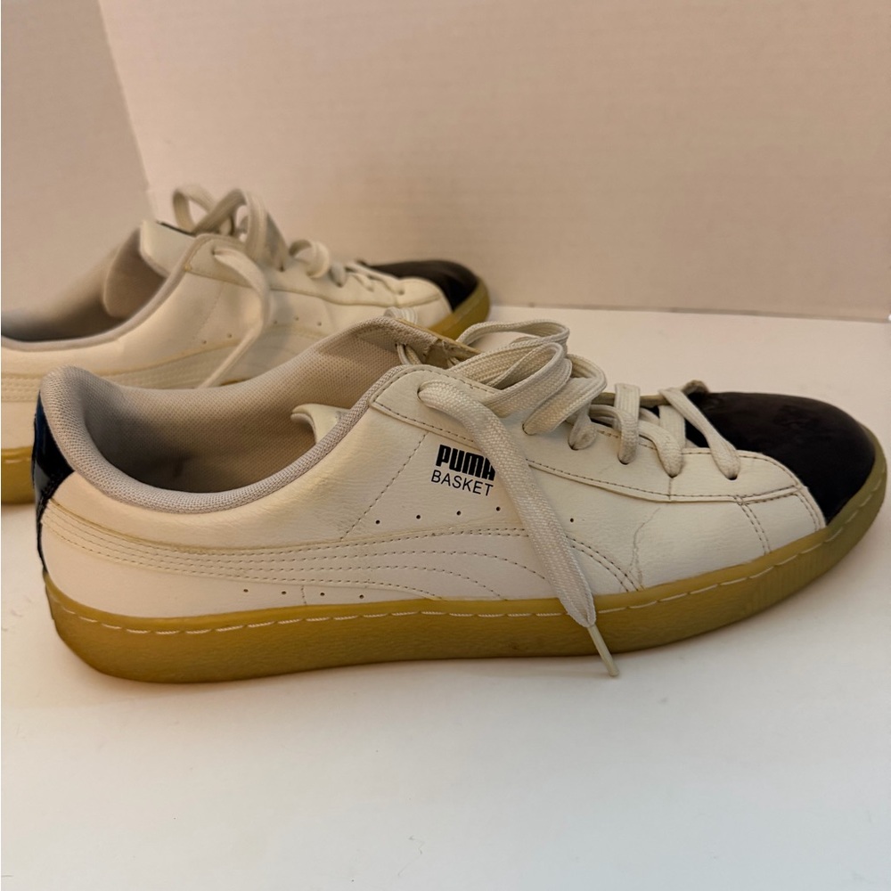 Puma White Leather Sneakers with BlackPatent Leather Toe Men’s 12 - Picture 6 of 14
